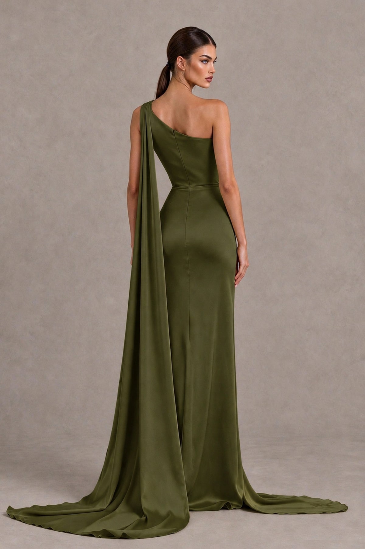 BOLODOO Olive Green One Shoulder Satin Evening Dress with High Slit and Draped Cape Train - Olive Green - Olive Green_2