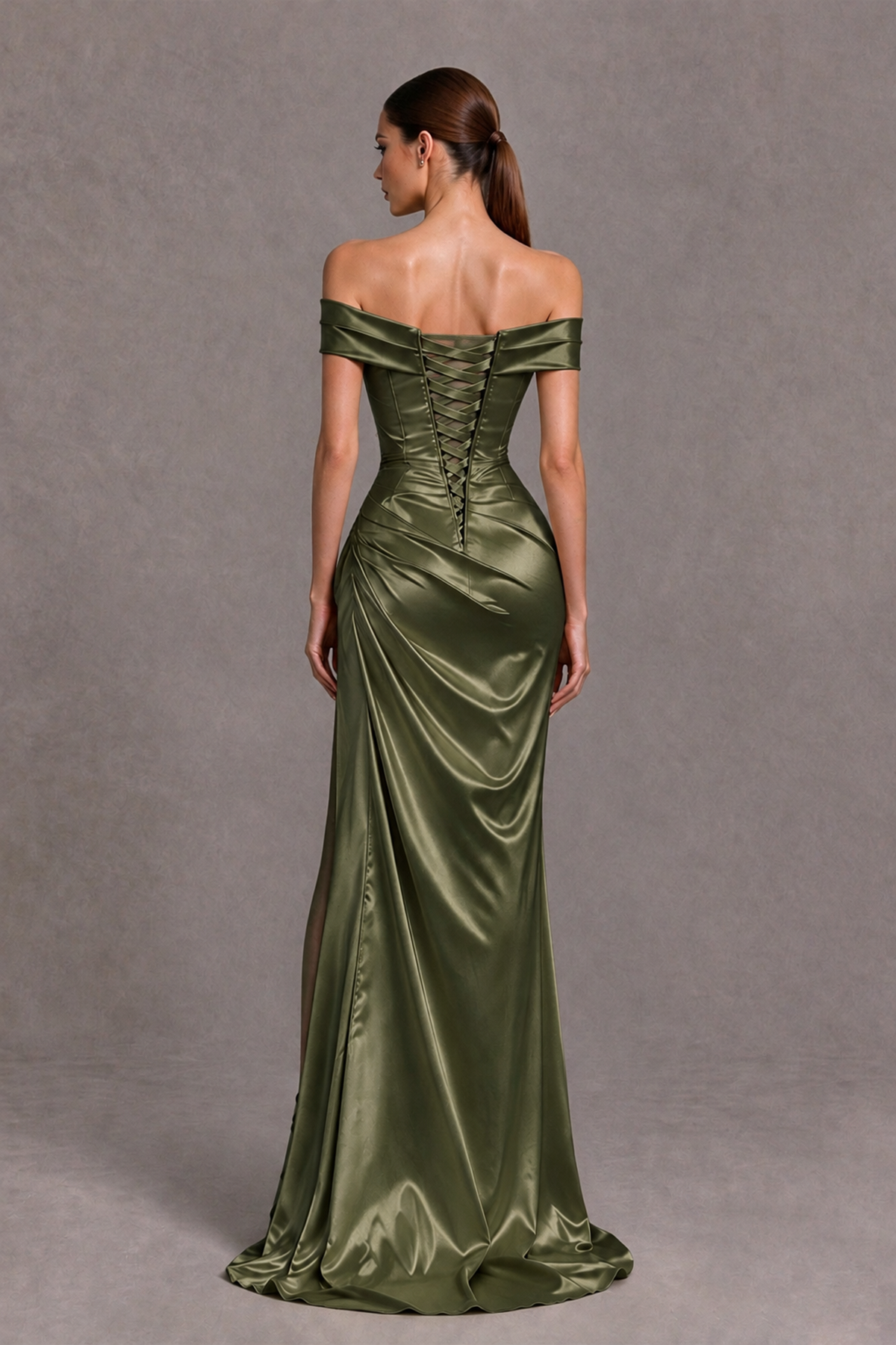 BOLODOO Olive Green Off-the-Shoulder Ruched Satin Prom & Evening Dress with High Slit - Olive Green - Olive Green_2