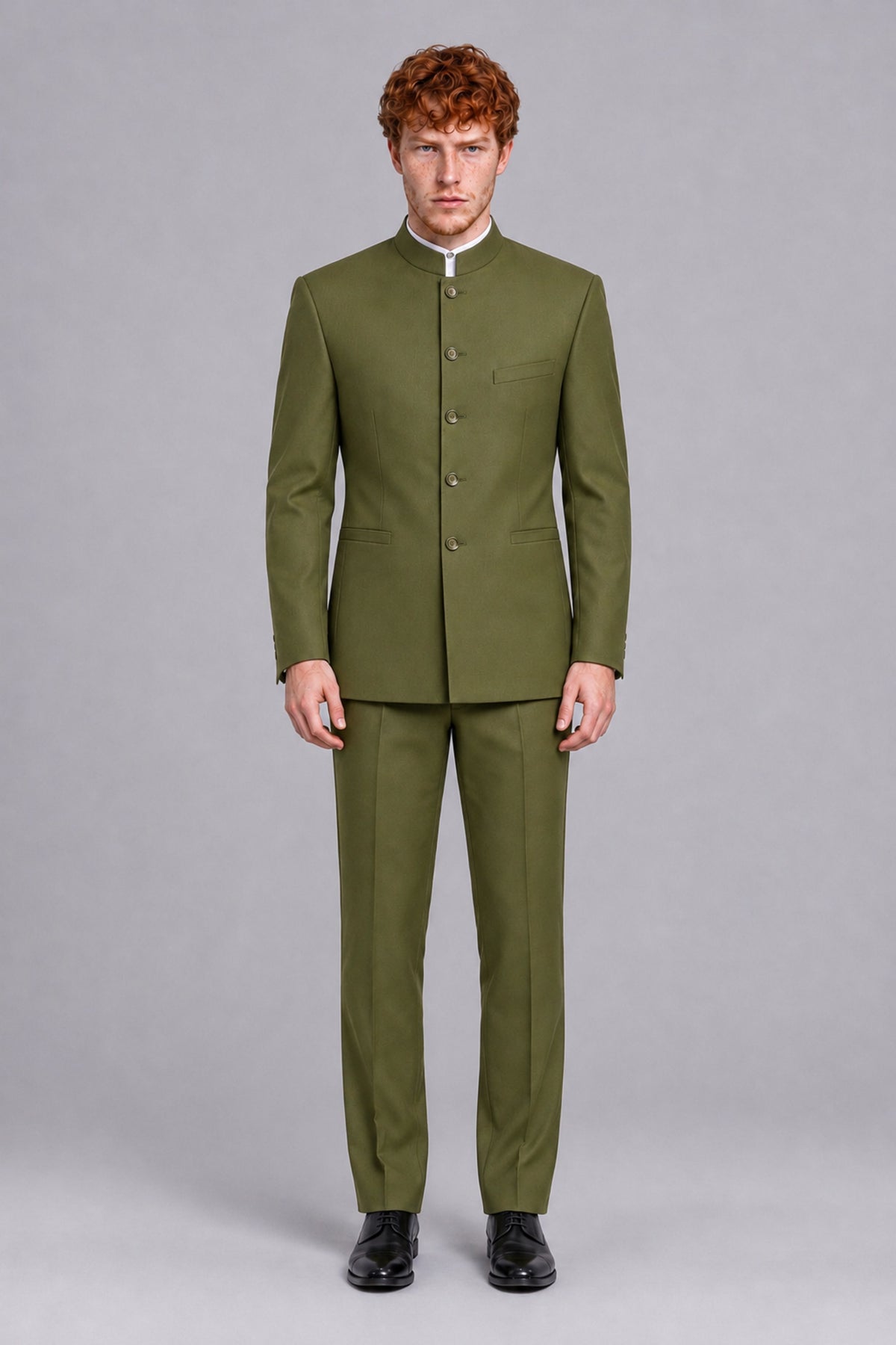 BOLODOO Men's Olive Green Mandarin Collar Two-Piece Suit - Olive Green - Olive Green_2