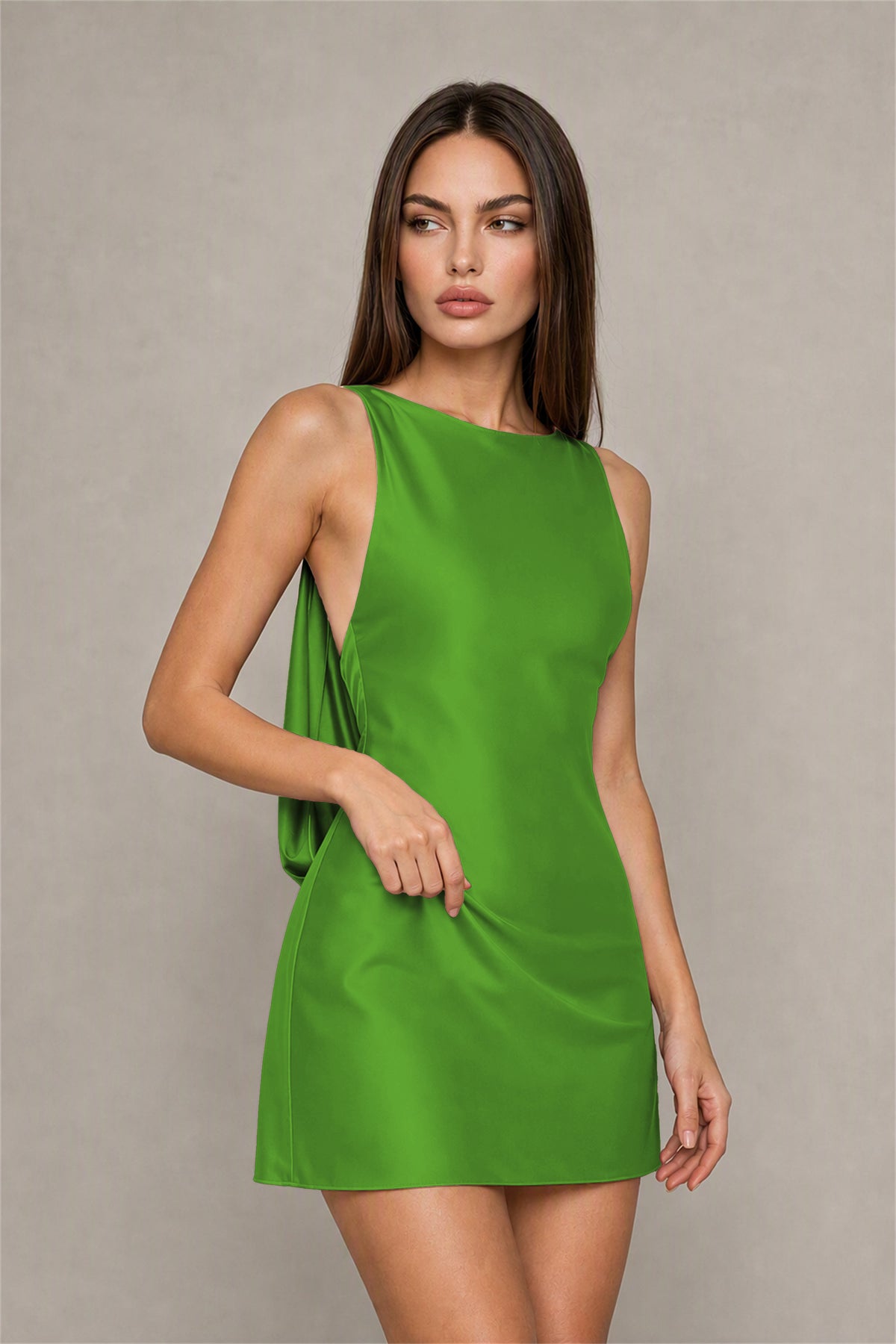 BOLODOO Olive Green Satin Bateau Neck Cowl Open Back Pearl Chain Mini Dress | Cocktail Party Date Night Dress - Olive Green