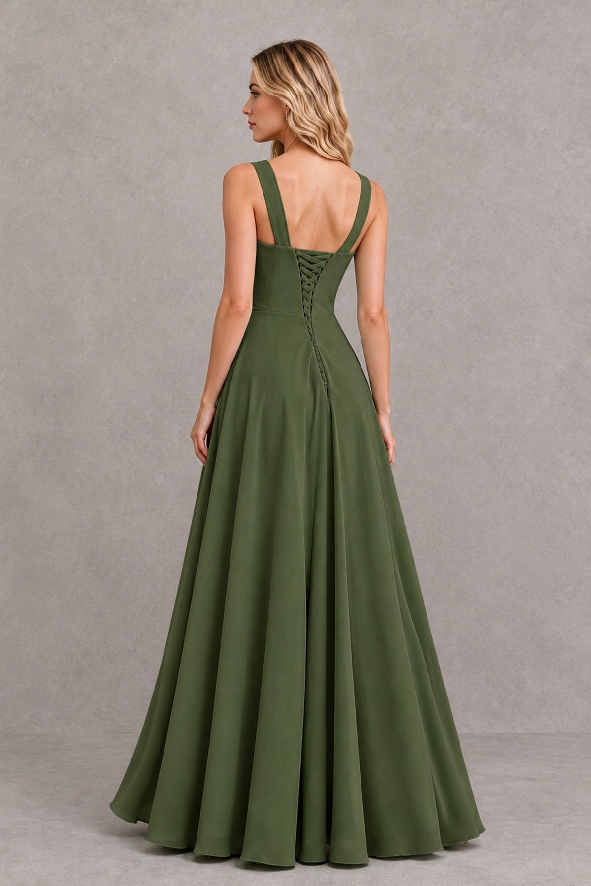 BOLODOO Olive Green Square Neck Ruffle A-Line Bridesmaid Dress with Slit - Olive Green - Olive Green_2