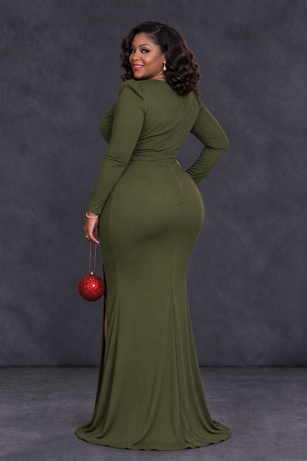 BOLODOO Olive Green Plus Size Long Sleeve V-Neck Mother of the Bride Dress with Slit - Olive Green - Olive Green_2