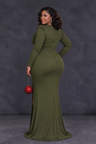 BOLODOO Olive Green Plus Size Long Sleeve V-Neck Mother of the Bride Dress with Slit - Olive Green - Olive Green_2