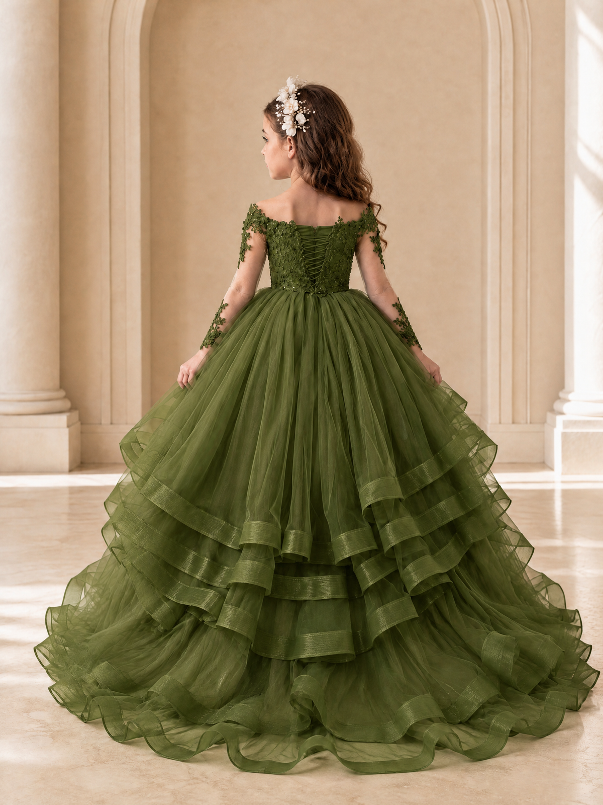 BOLODOO Olive Green Lace Long Sleeve Tiered Flower Girl Dress - Olive Green - Olive_Green_2