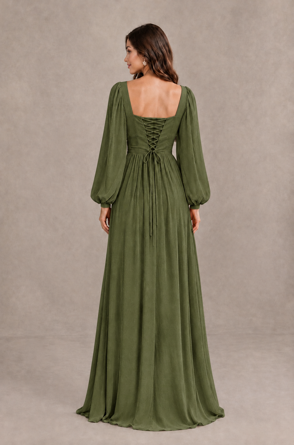 BOLODOO Olive Green Long Sleeve V-Neck A-Line Bridesmaid Dress - Olive Green - Olive Green_2