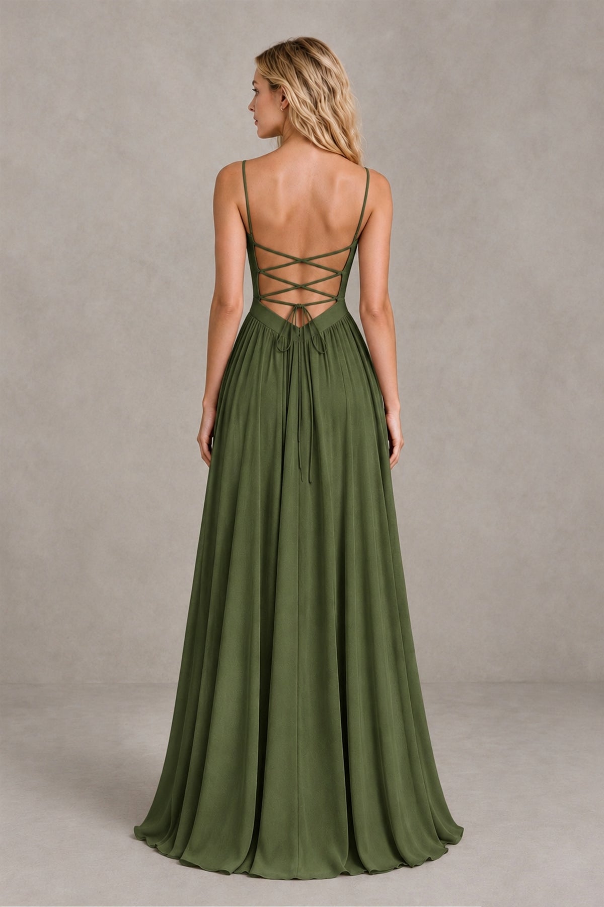 BOLODOO Olive Green Spaghetti Strap A-Line Bridesmaid Dress with Slit - Olive Green - Olive Green_2