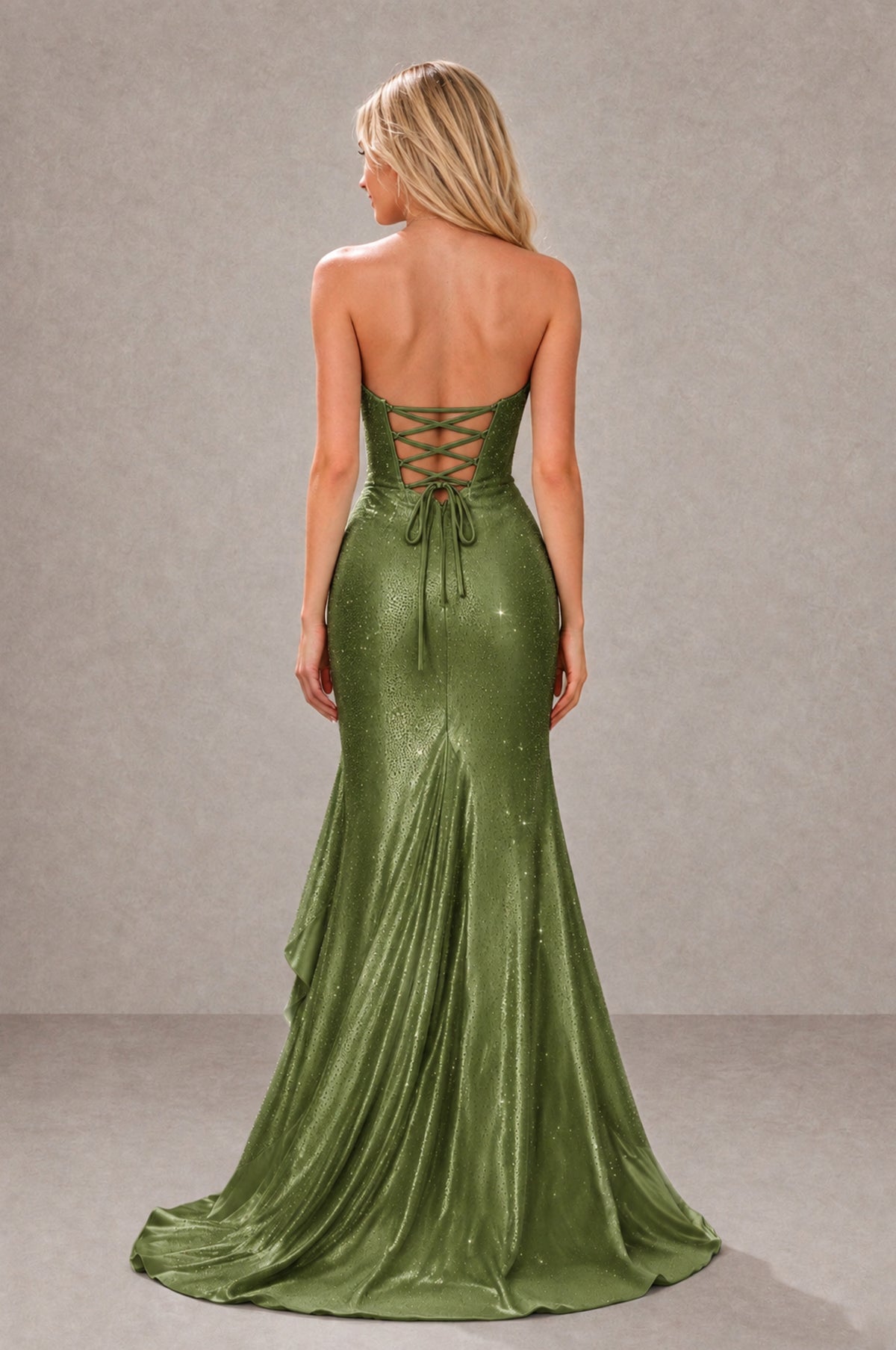 BOLODOO Olive Green Strapless Corset Mermaid Prom Dress with Ruffle Slit - Olive Green - Olive Green_2