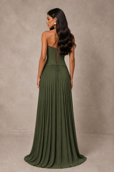 BOLODOO Olive Green Halter Corset Pleated A-Line Evening Dress - Olive Green - Olive Green_2