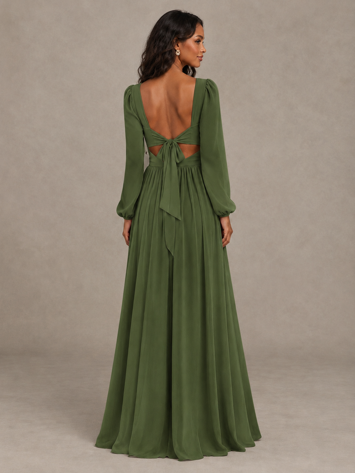 BOLODOO Olive Green V-Neck Long Sleeve Bridesmaid Dress with Tie Back and Slit - Olive Green - Olive Green_2