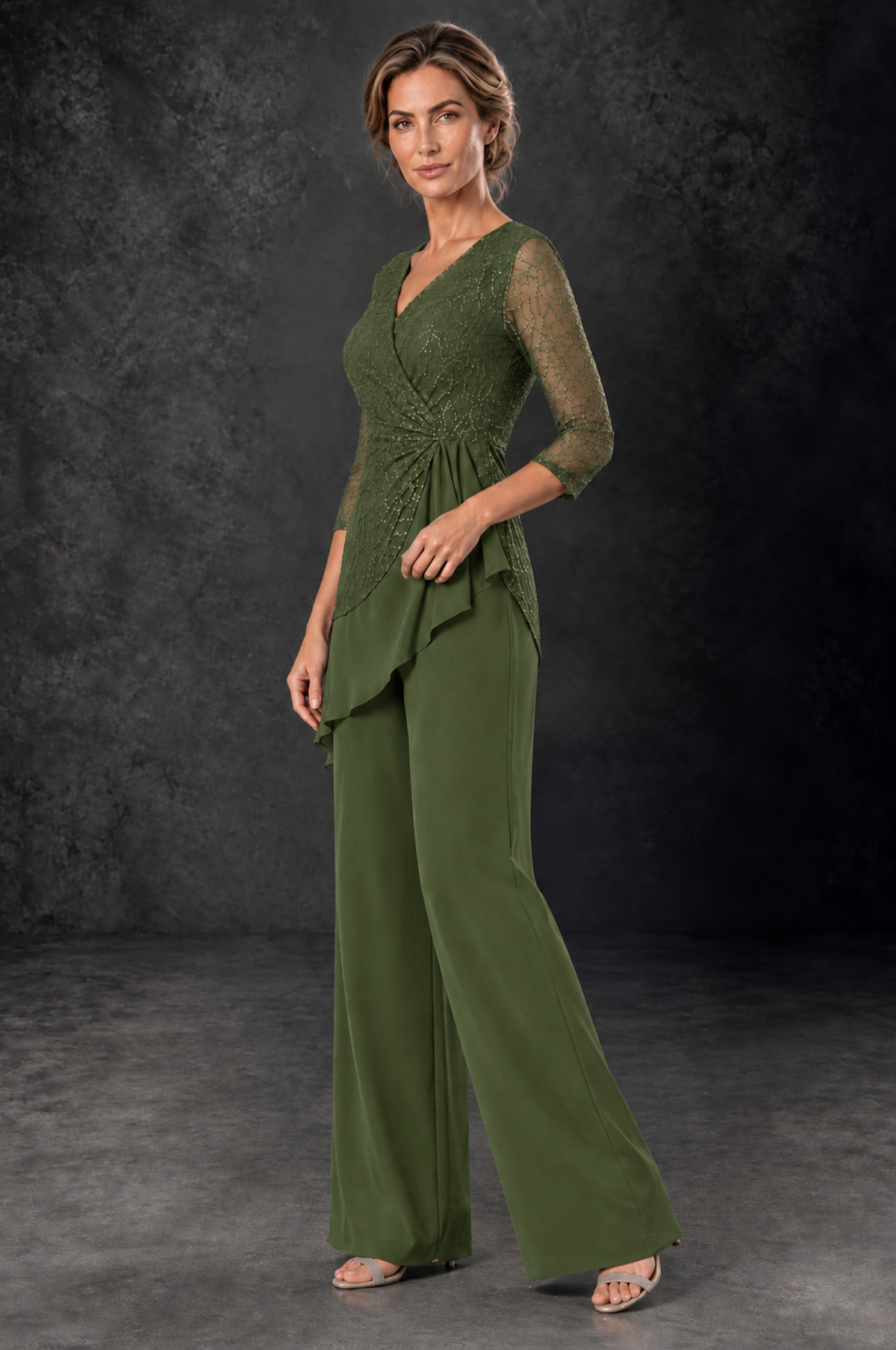 BOLODOO Olive Green Sequin Lace 3/4 Sleeve Chiffon Mother of the Bride Pant Suit - Olive Green - Olive_Green_2