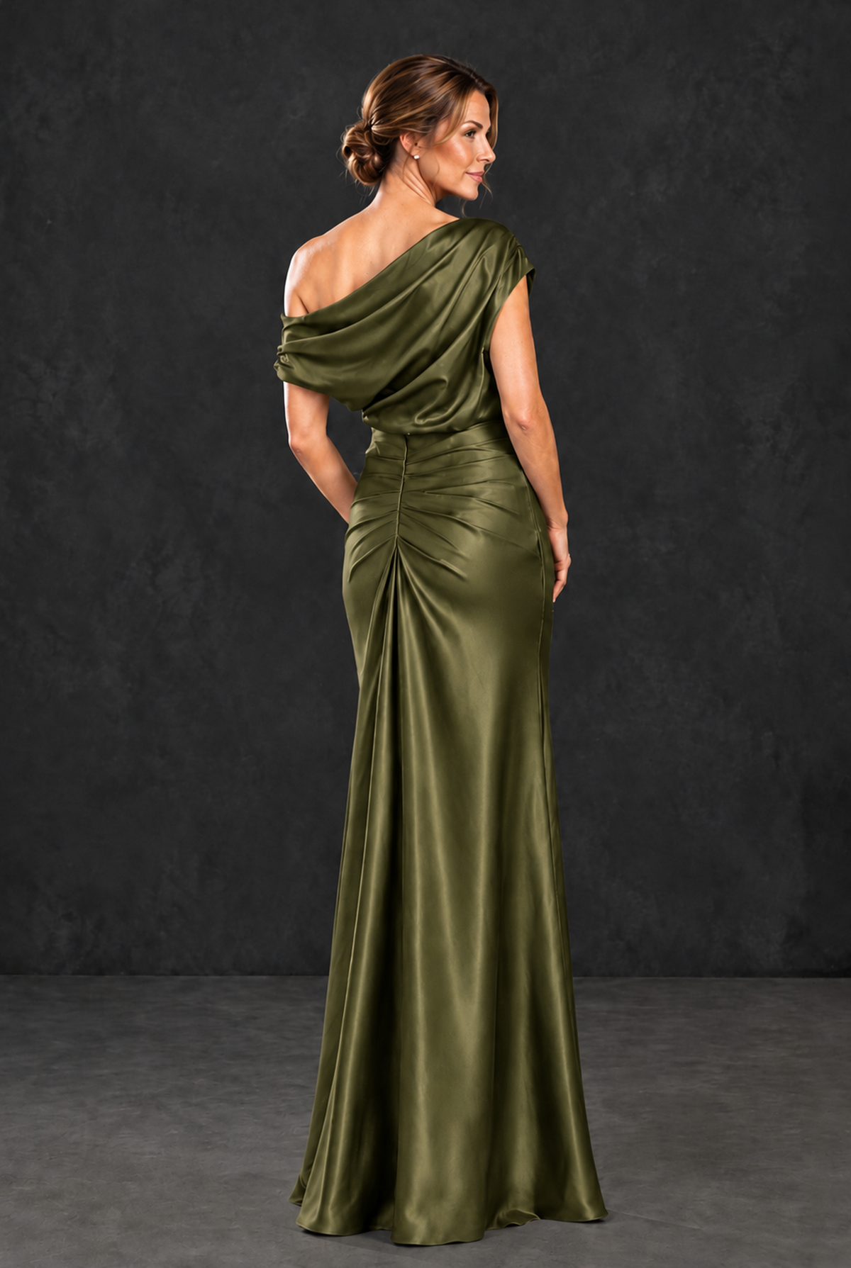 BOLODOO Olive Green Asymmetric Ruched Mother of the Bride Dress - Olive Green - Olive_Green_2