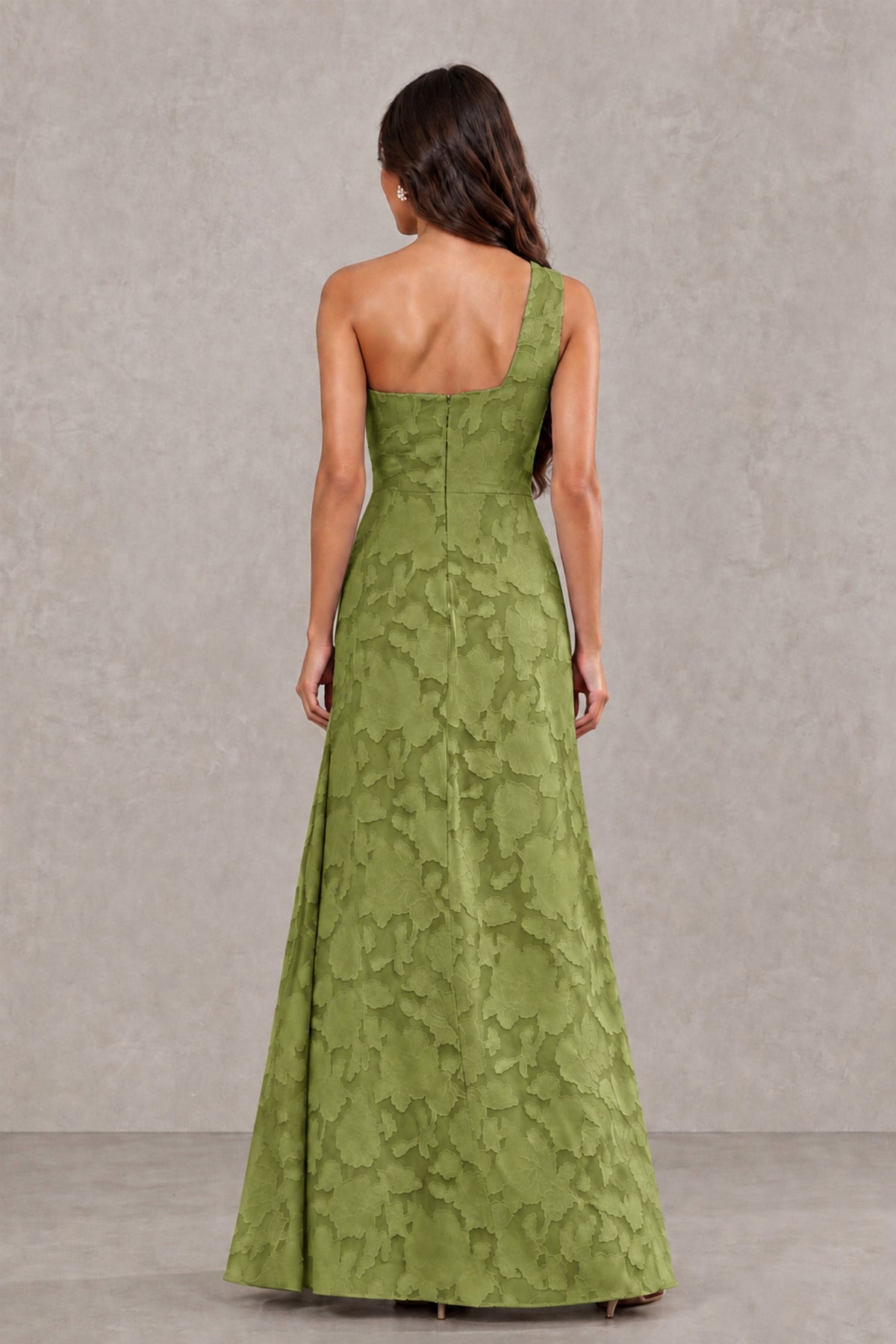 BOLODOO Olive Green One-Shoulder Floral Textured Maxi Dress with High Slit - Olive Green - Olive Green_2