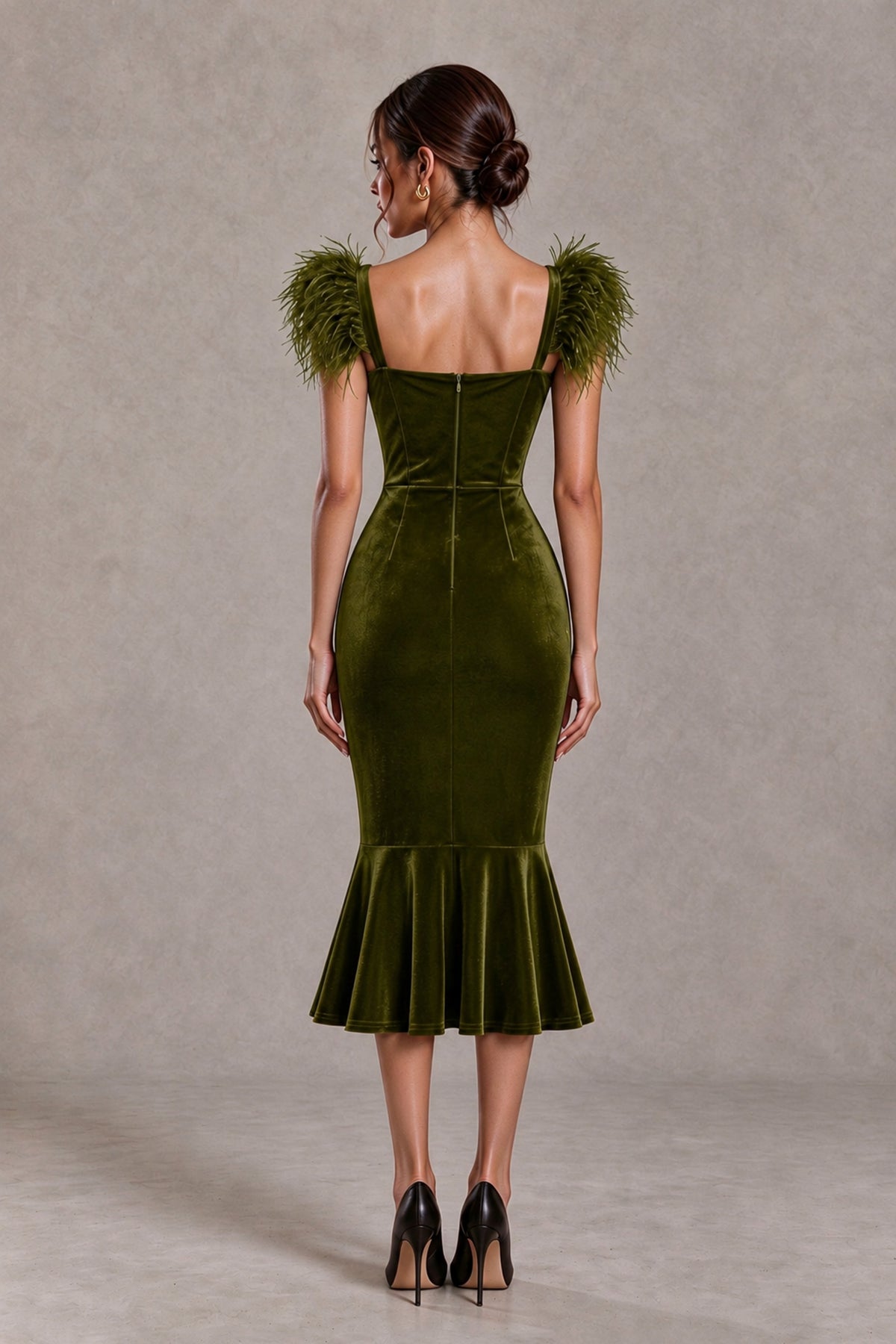 BOLODOO Olive Green Feather-Trim Velvet-Look Mermaid Midi Dress - Olive Green - Olive Green_2