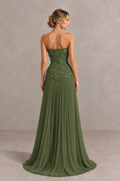 BOLODOO Olive Green Strapless Floral Applique Pleated Evening Dress - Olive Green - Olive Green_2