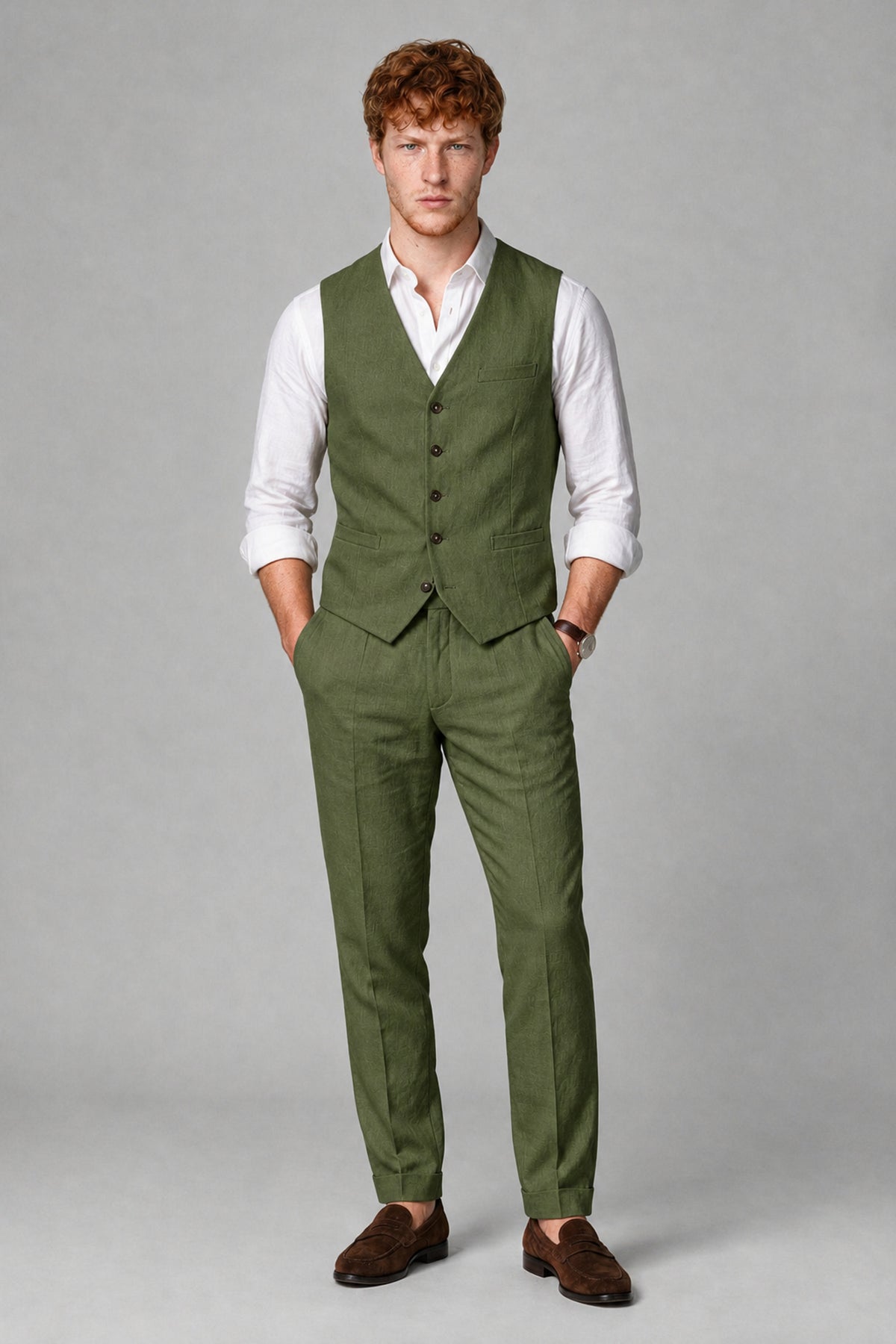 Bolodoo Men's Olive Green 2-Piece Vest and Pants Set with V-Neck Waistcoat - Olive Green - Olive Green_2