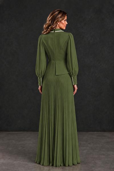 BOLODOO Olive Green Long Sleeve Pleated Mother of the Bride Dress - Olive Green - Olive Green_2