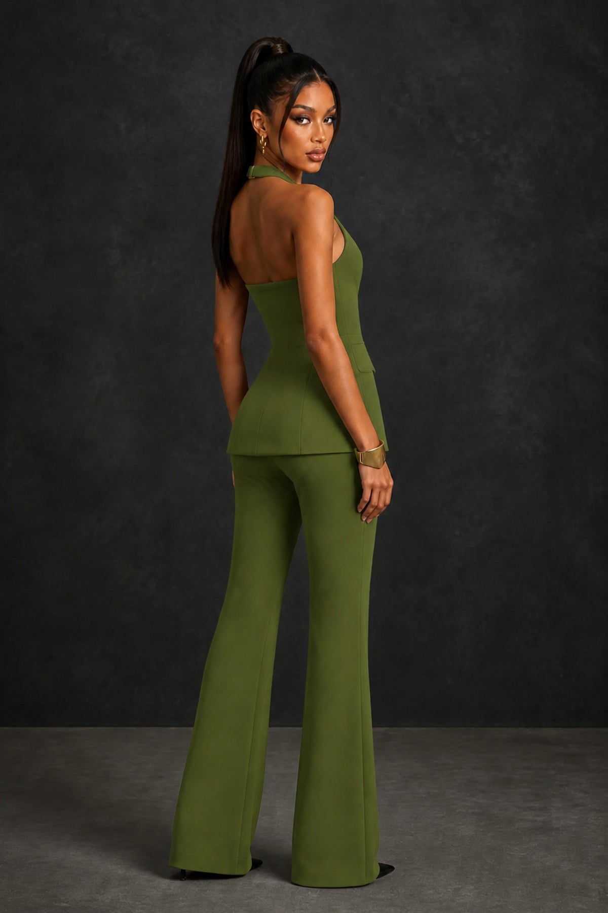 BOLODOO Olive Green Halter Neck Deep V Open Back– Formal Suit with Wide-Leg Pants - Olive Green