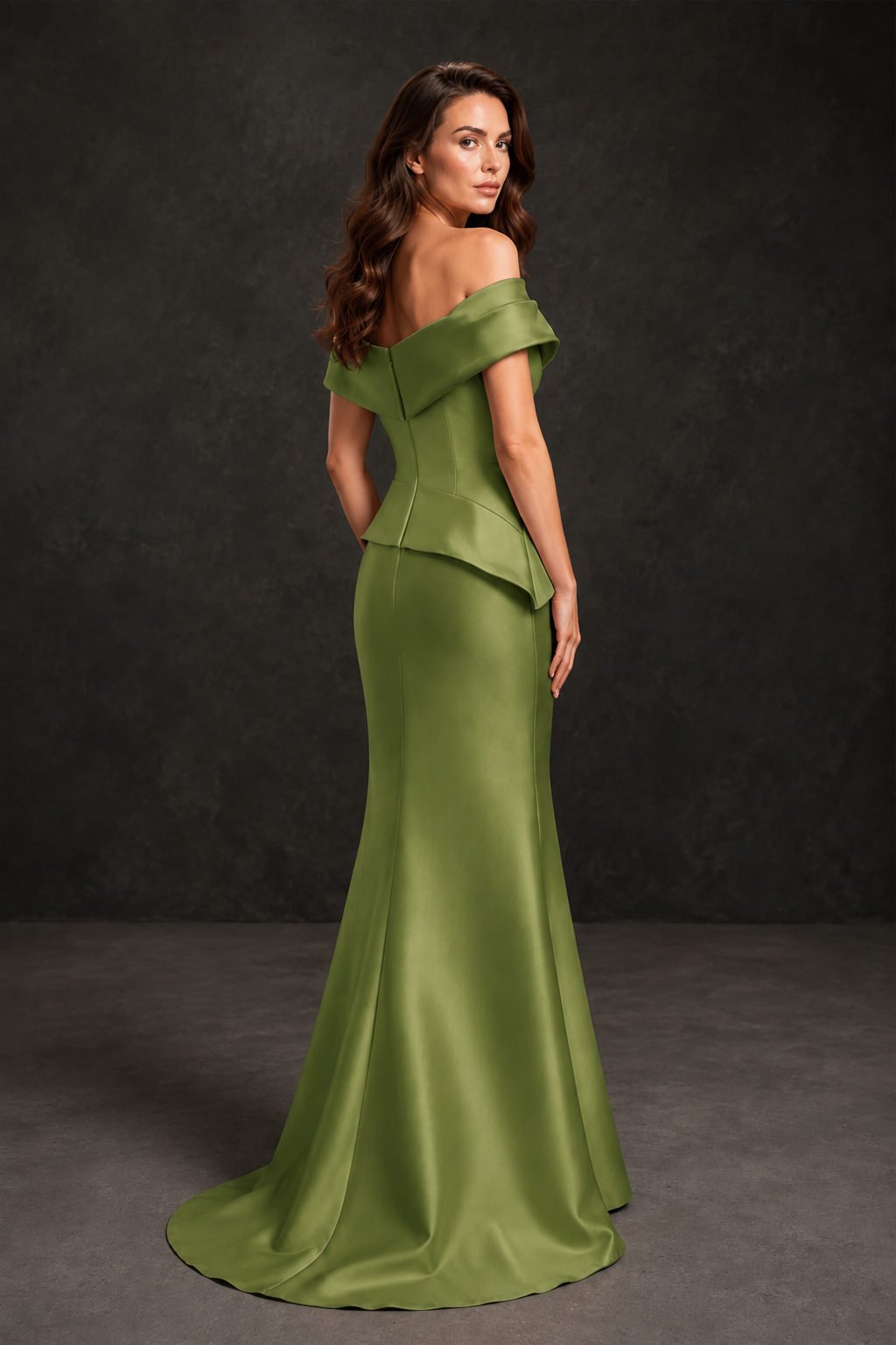 BOLODOO Olive Green Satin Off-Shoulder Sweetheart Asymmetric Peplum Mermaid Gown with Olive Green Floral Embroidery | MOB Evening Dress - Olive Green