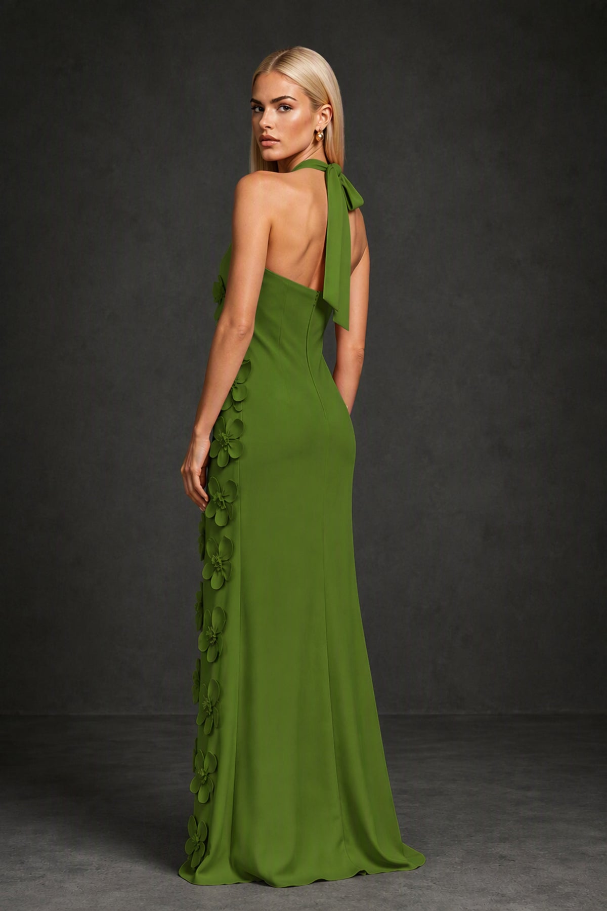 BOLODOO Olive Green Cross Halter Neck 3D Floral Appliqué Backless Mermaid Maxi Gown - Olive Green