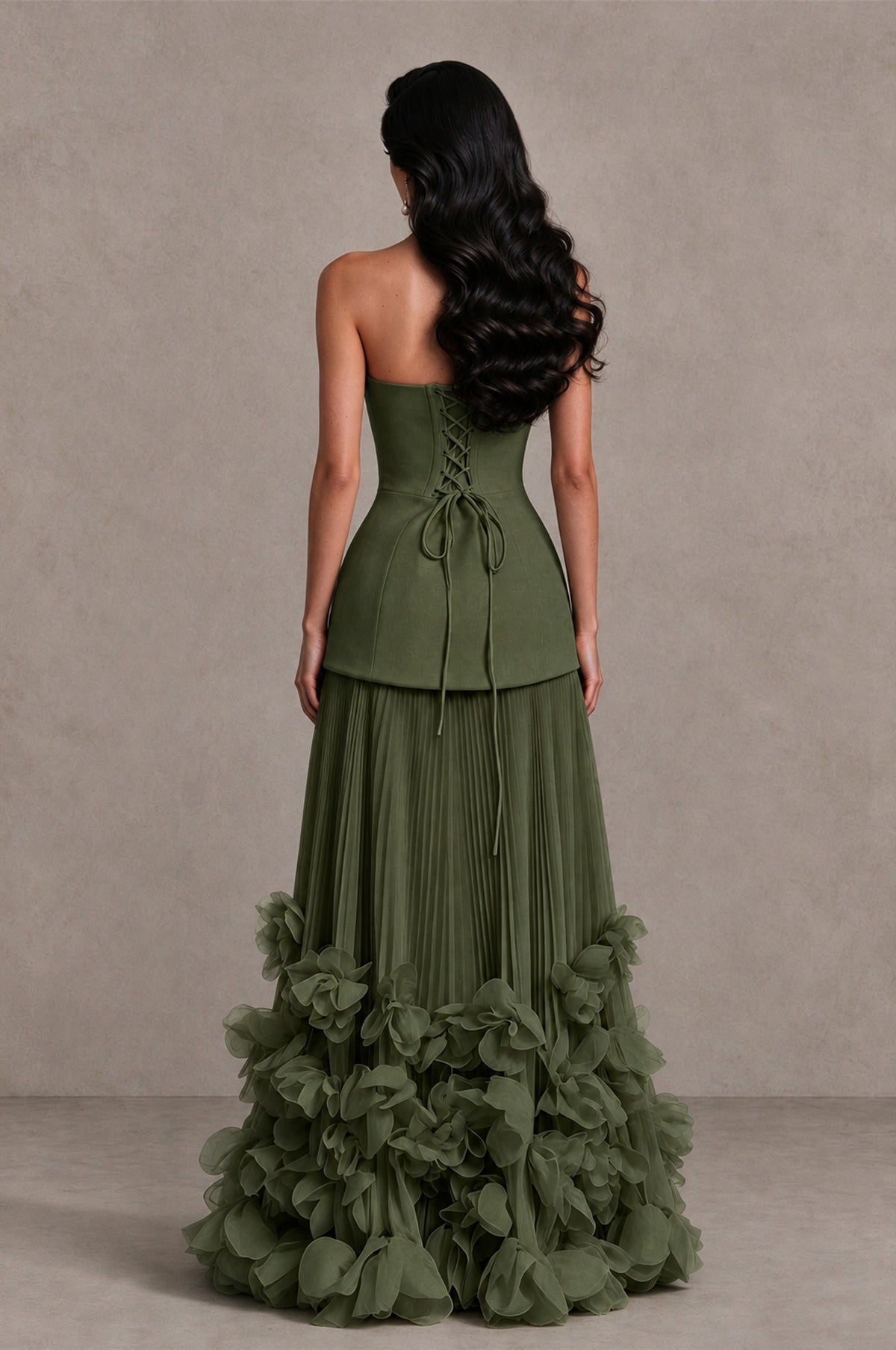 BOLODOO Olive Green Strapless Pleated Floral Hem Evening Gown - Olive Green - Olive Green_2