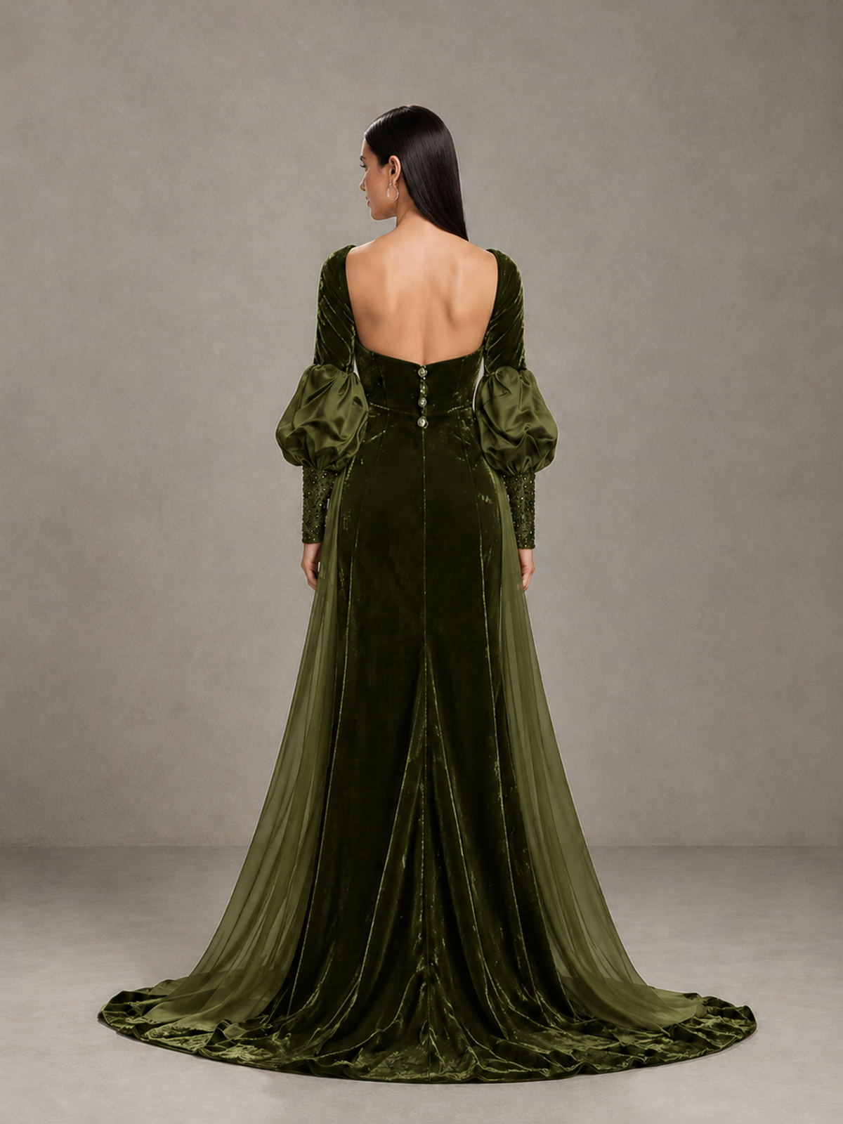 BOLODOO Olive Green Velvet Long Sleeve Open-Back Evening Gown - Olive Green - Olive Green_2