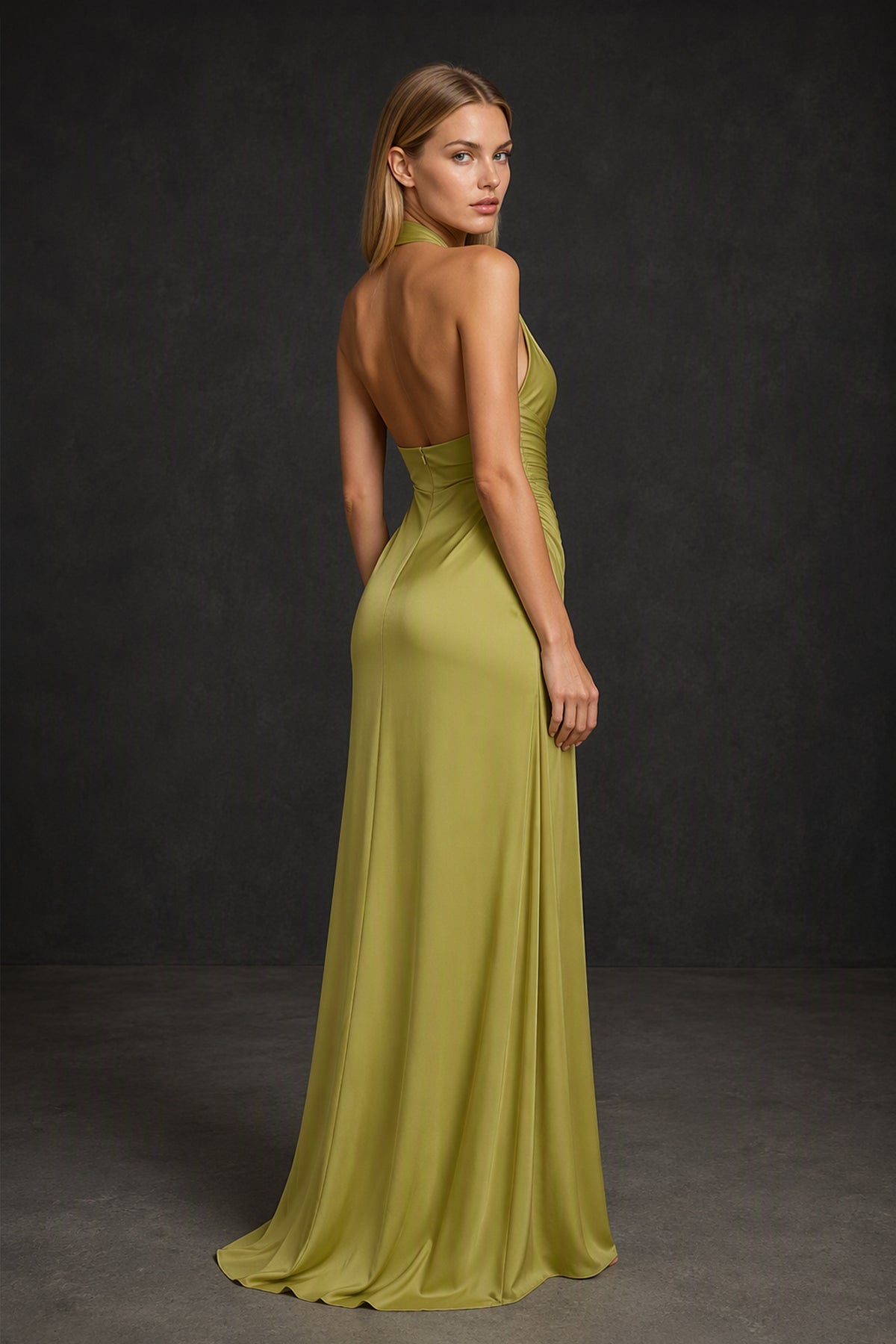 BOLODOO Olive Green Twisted Halter Neck Ruched Sleeveless Open Back Floor-Length Gown - Olive Green