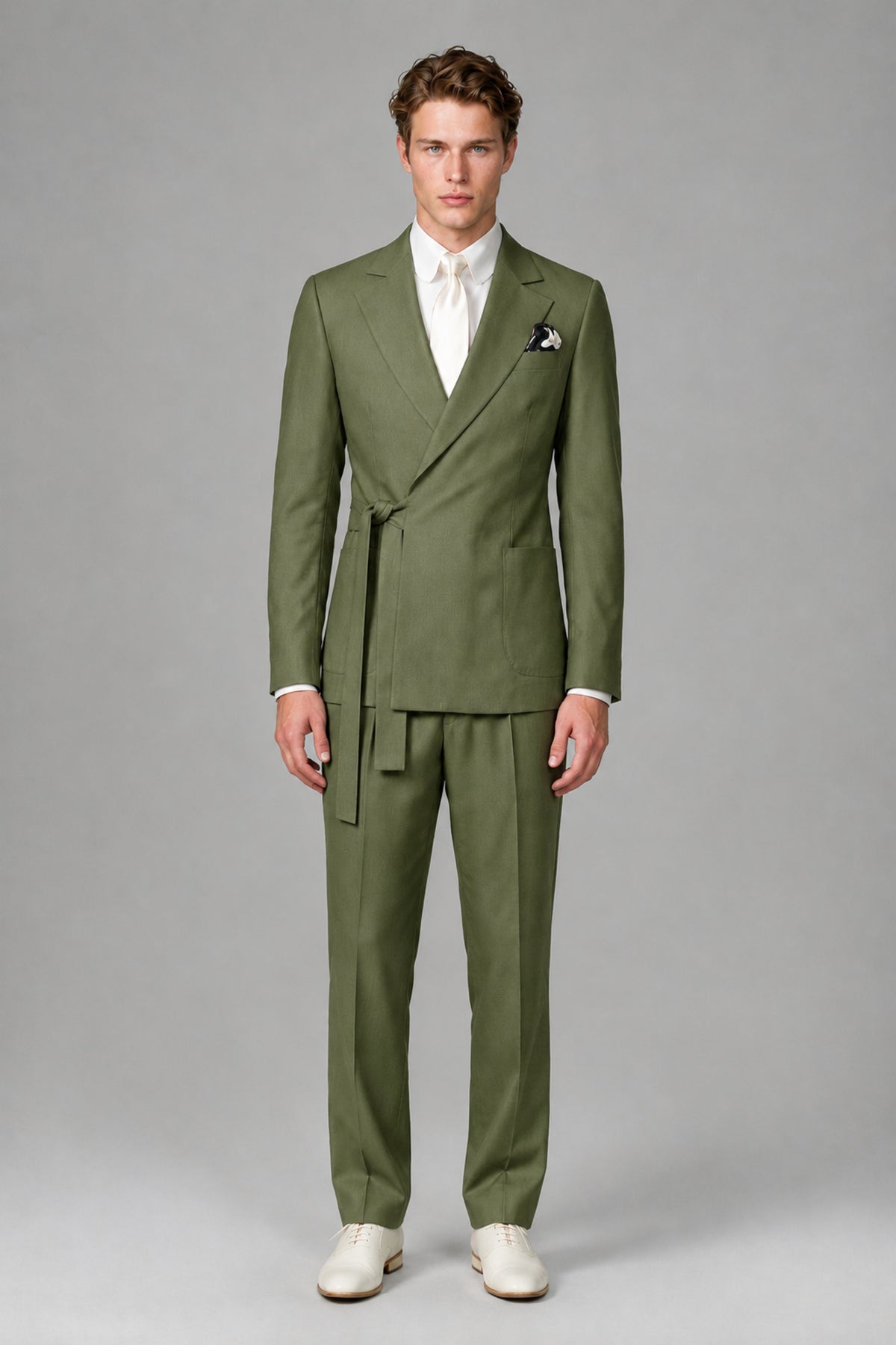 Bolodoo Men's Olive Green Wrap Tie-Waist Two-Piece Suit – Jacket & Trousers - Olive Green - Olive Green_2