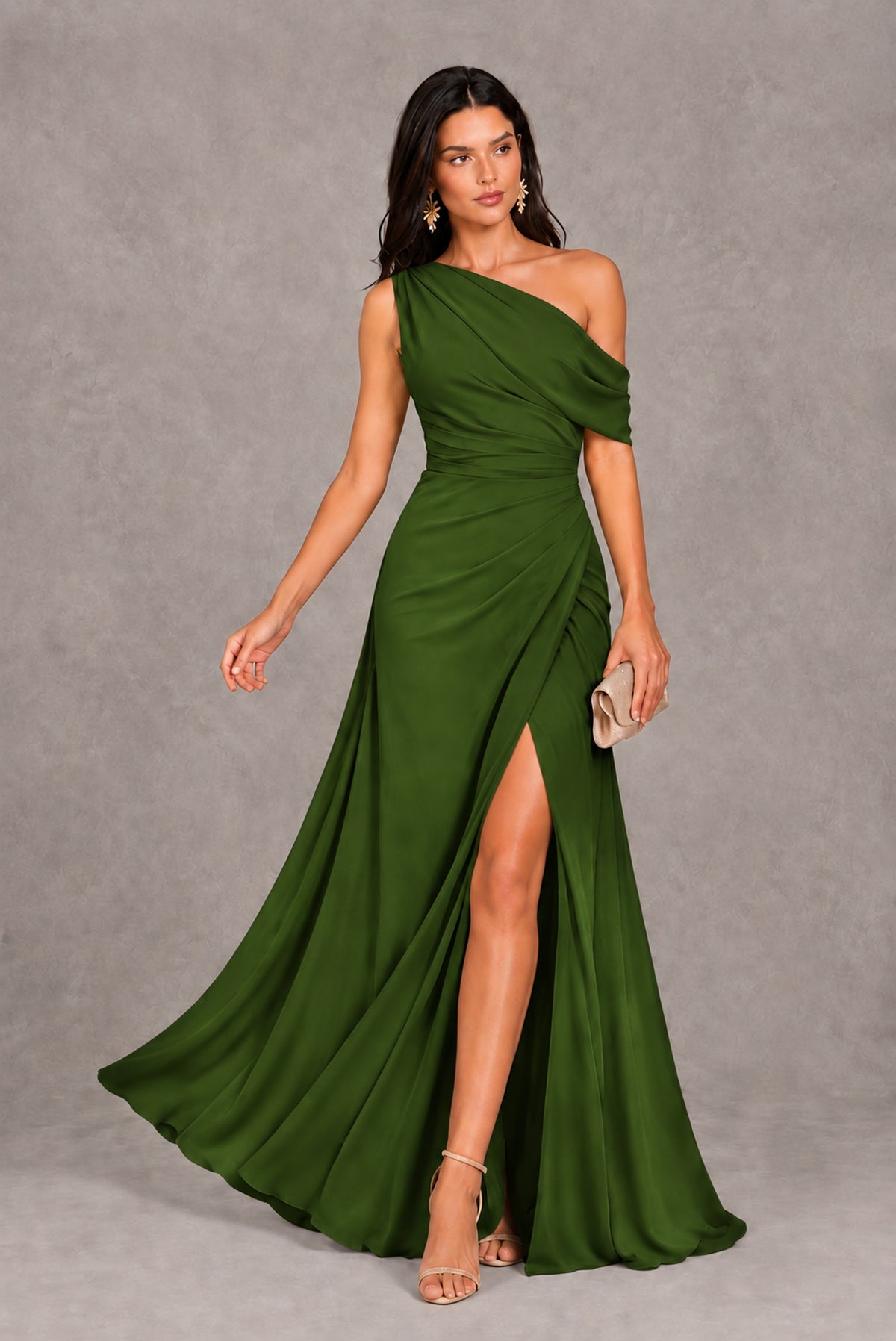 Olive Green One-Shoulder Floor-Length Evening Gown with High Slit - Olive Green