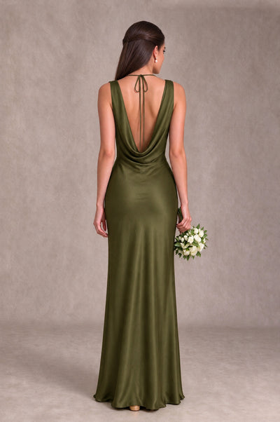 BOLODOO Olive Green Cowl Neck Open Back Satin Bridesmaid Dress - Olive Green - Olive Green_2