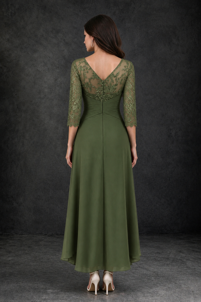 BOLODOO Olive Green Sequin Lace & Chiffon Tea-Length Mother of the Bride Dress with 3/4 Sleeves - Olive Green - Olive_Green_2