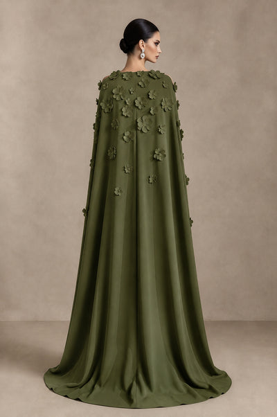 BOLODOO Olive Green 3D Floral Applique Cape Formal Dress - Olive Green - Olive Green_2