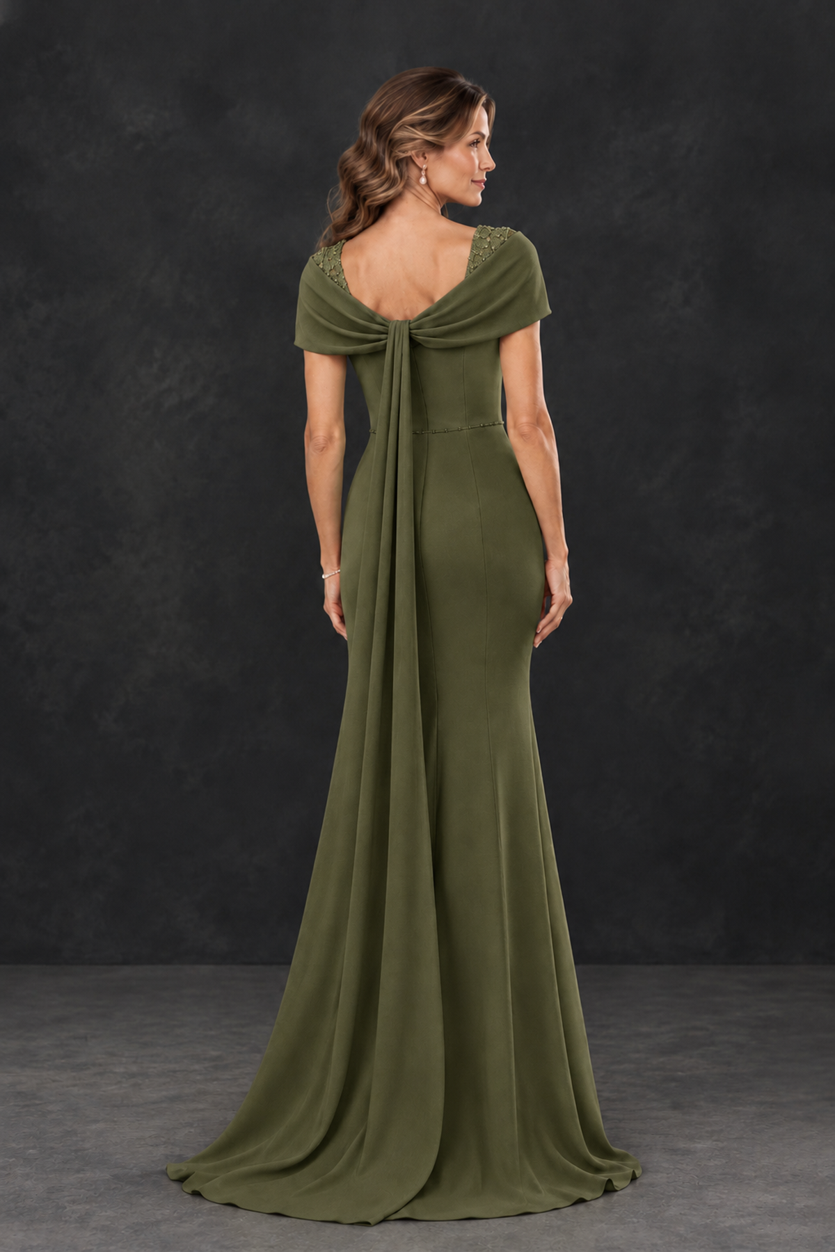 BOLODOO Olive Green Mother of the Bride Dress with Draped Cape Detail - Olive Green - Olive_Green_2