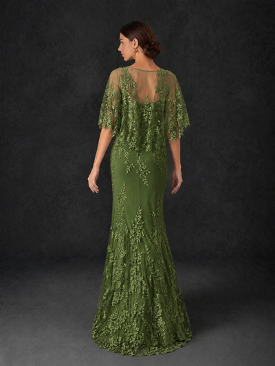 BOLODOO Mocha Rose Botanical Lace Flutter Sleeve Mermaid Gown - Olive Green - Olive Green