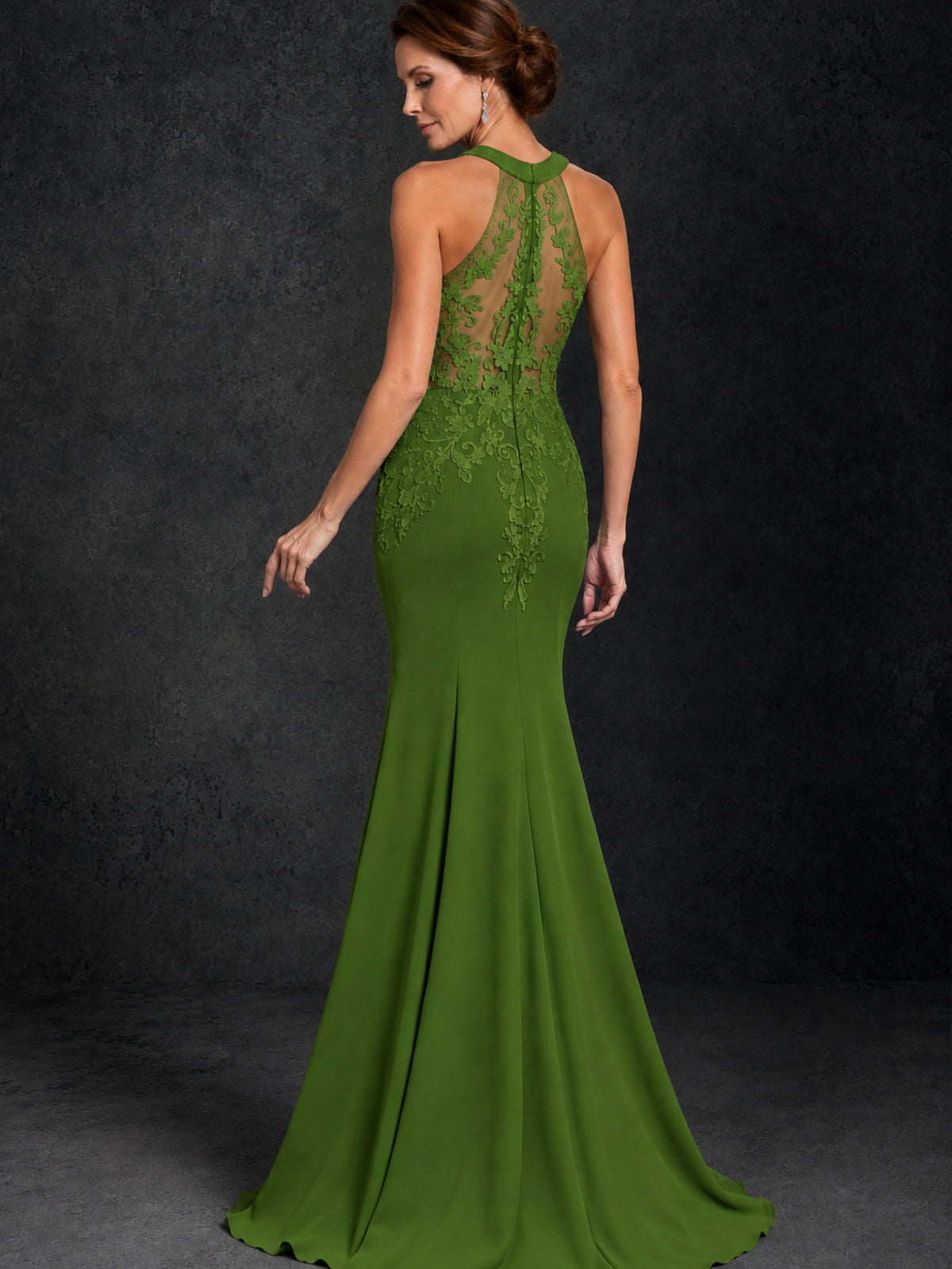 BOLODOO Olive Green Lace Applique Halter Neck Sheer Back Mermaid Maxi Dress with Sweep Train - Olive Green