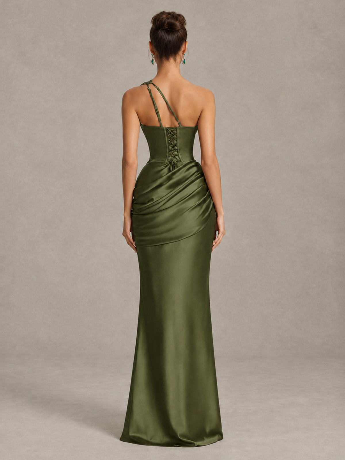 BOLODOO Olive Green One-Shoulder Cutout Satin Mermaid Prom Dress - Olive Green - Olive Green_2