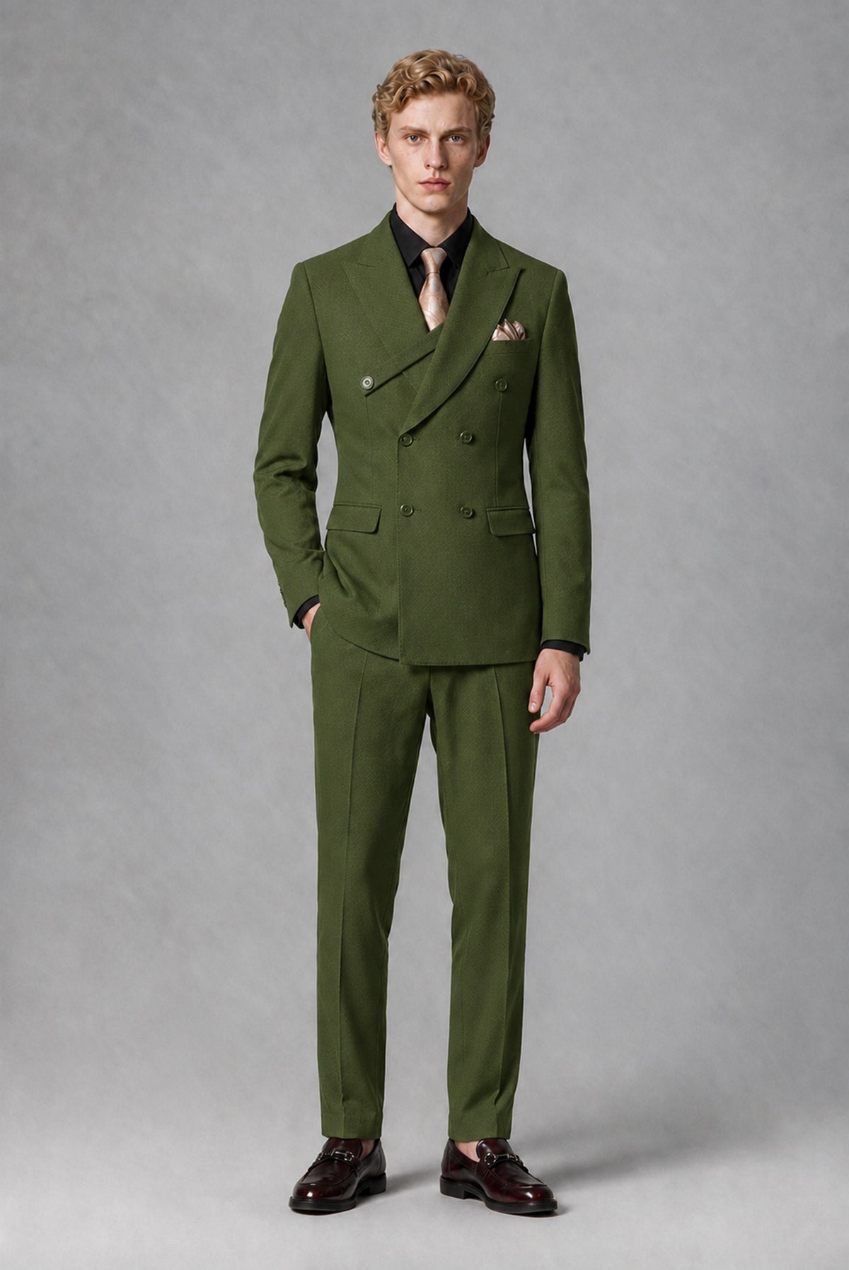 BOLODOO Men's Olive Green Double-Breasted Two-Piece Suit – Jacket & Trousers - Olive Green