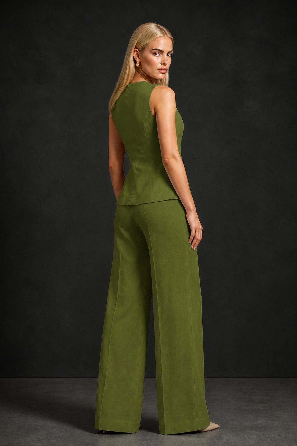 BOLODOO Olive Green Sleeveless Vest Top & Wide-Leg Trousers Two-Piece Suit Set – Olive Green Button Asymmetric Formal Set - Olive Green