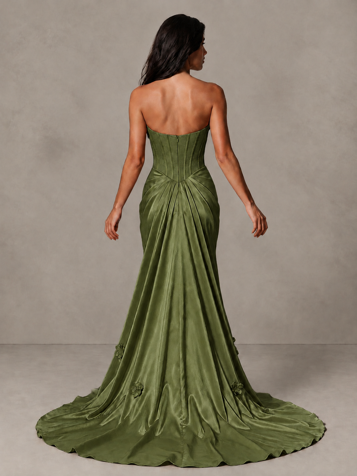 BOLODOO Olive Green Strapless Floral Corset Evening Gown with Train - Olive Green - Olive Green_2
