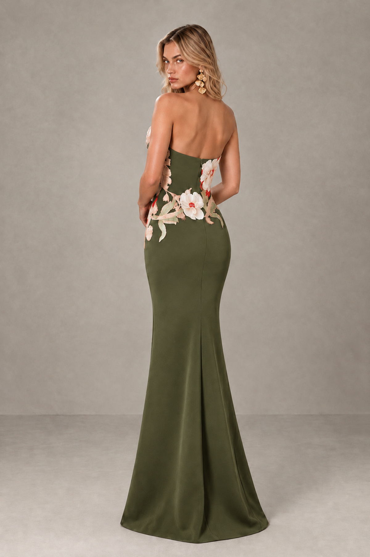 BOLODOO Olive Green Strapless Floral Mermaid Evening Dress with Slit - Olive Green - Olive_Green_2