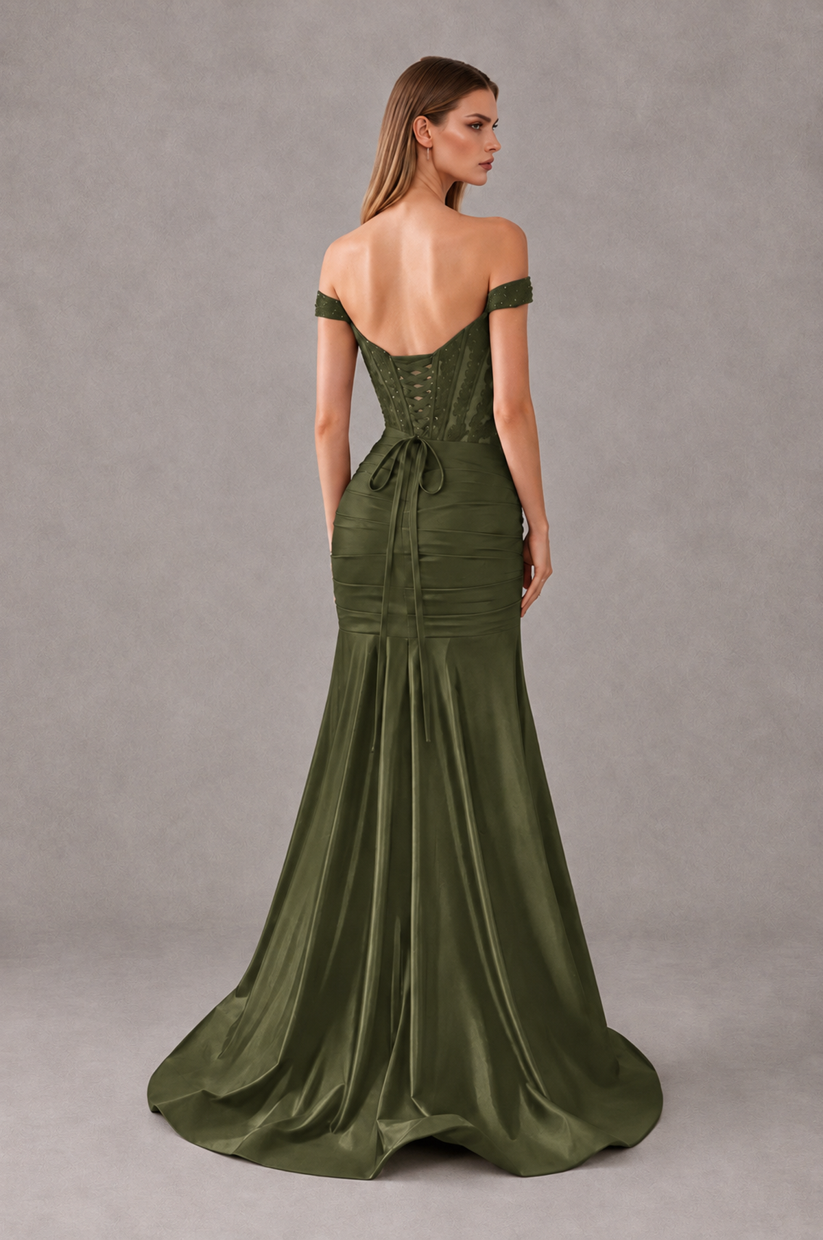 BOLODOO Olive Green Off-Shoulder Corset Mermaid Prom Dress with Slit Sequin Lace Evening Gown - Olive Green - Olive Green_2