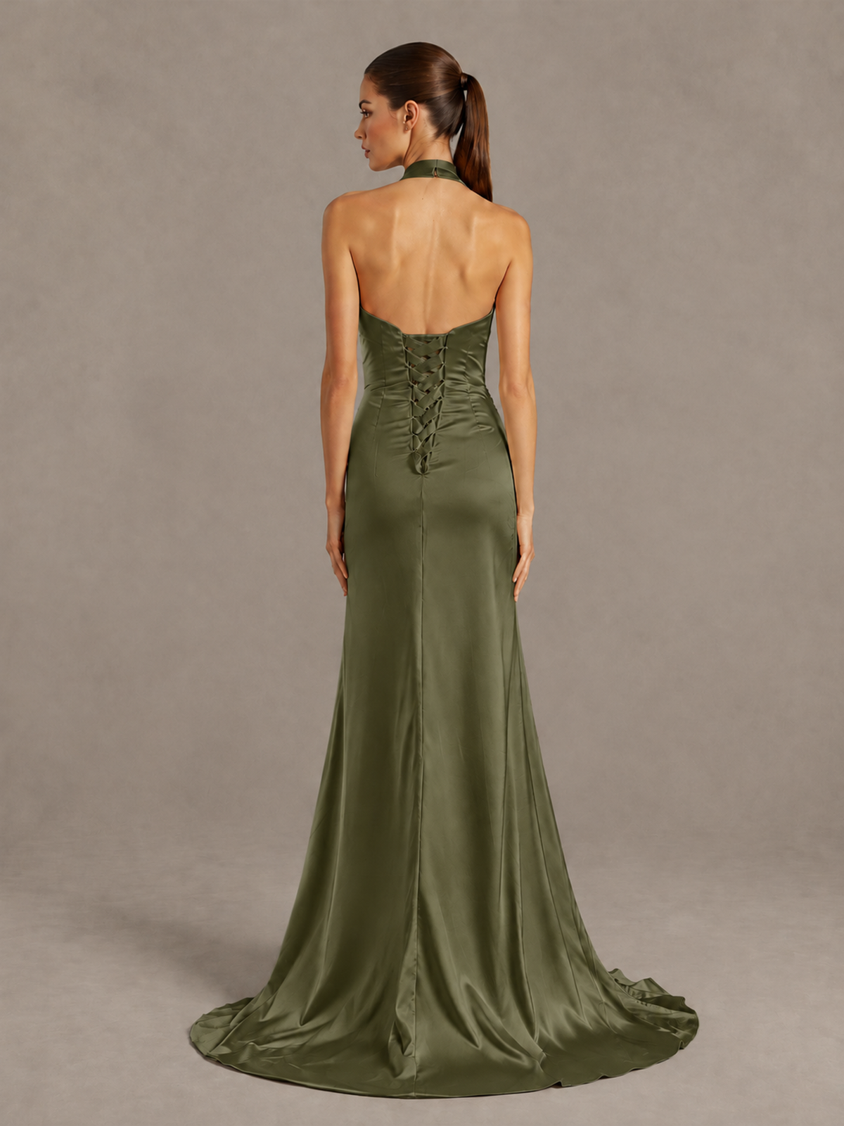 BOLODOO Olive Green Halter Satin Evening & Prom Dress with High Slit - Olive Green - Olive Green_2