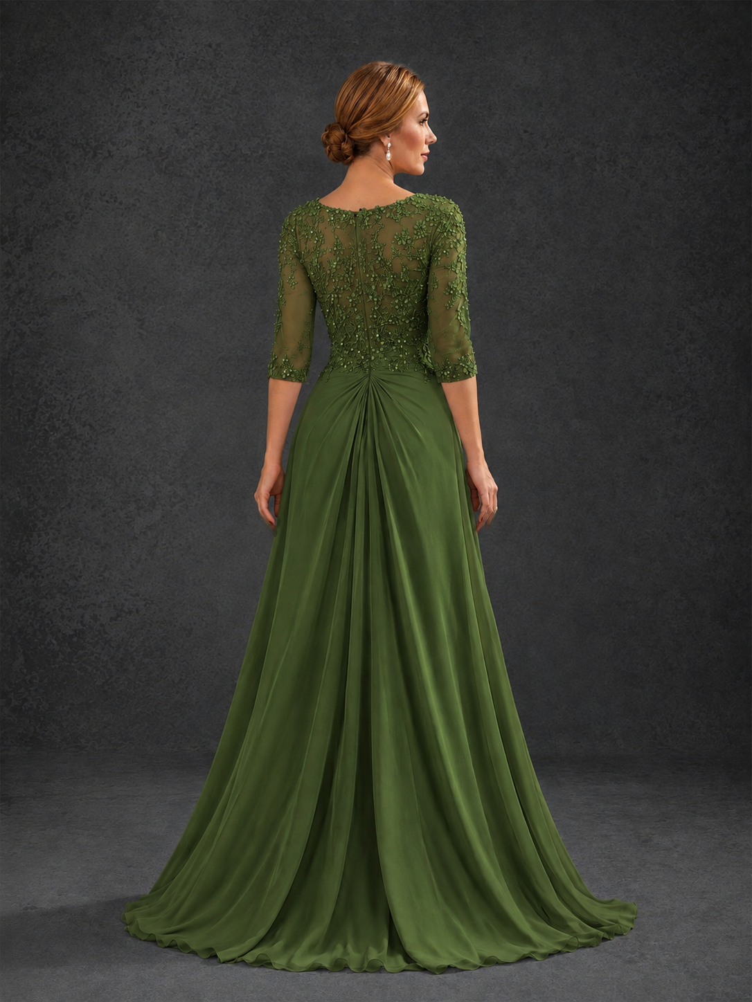 BOLODOO Olive Green Sweetheart Neck 3/4 Sleeve Floral Lace Illusion Bodice Chiffon A-Line Gown - Olive Green