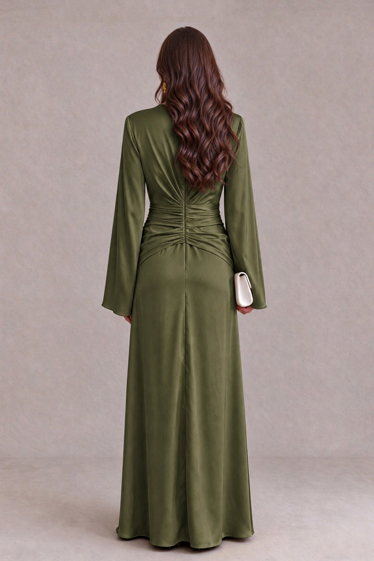 BOLODOO Olive Green Yellow Satin-Look V-Neck Long Bell Sleeve Evening Dress - Olive Green - Olive_Green_2