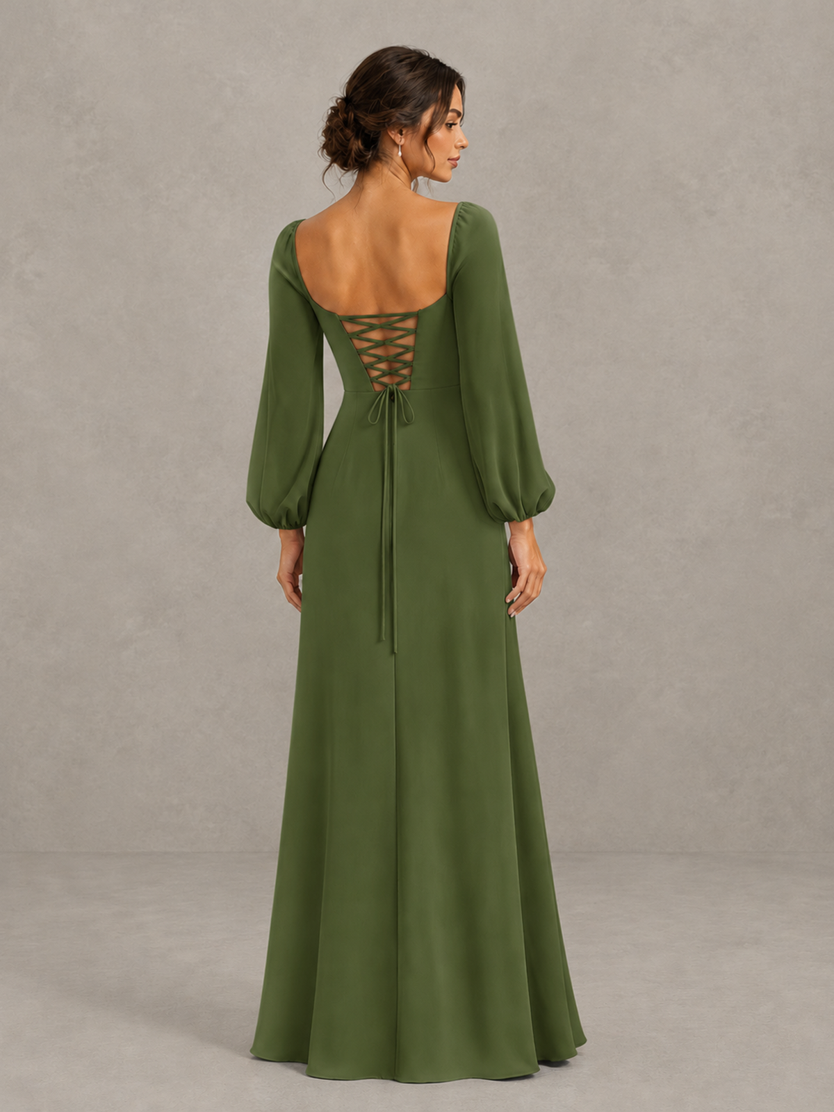 BOLODOO Olive Green Square Neck Long Sleeve Bridesmaid Dress with High Slit - Olive Green - Olive Green_2