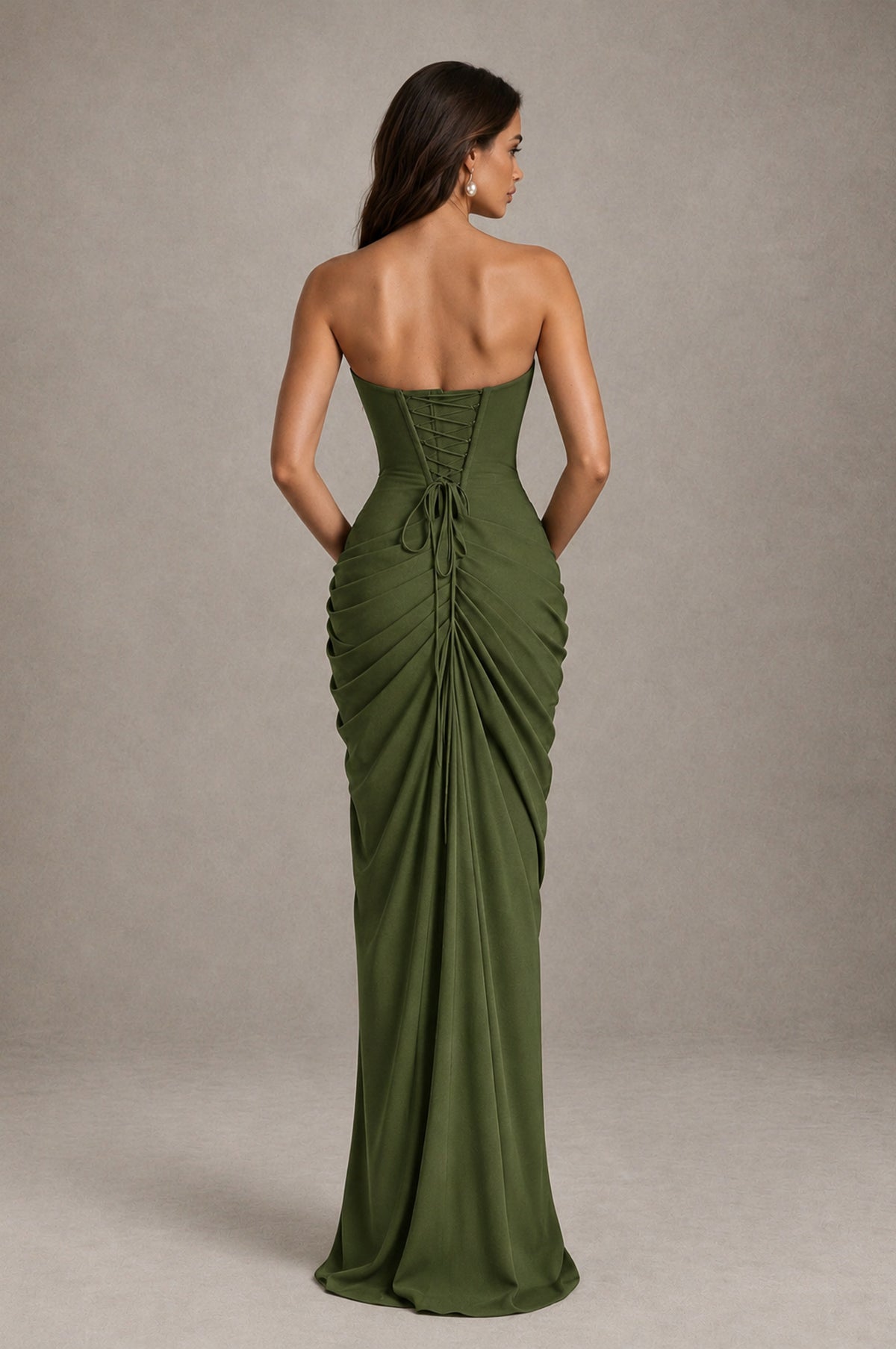 BOLODOO Strapless Draped Maxi Dress - Olive Green Backless Evening Gown with High Slit - Olive Green - Olive Green_2