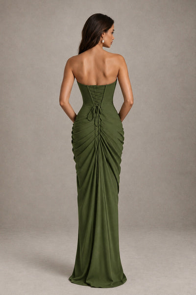 BOLODOO Strapless Draped Maxi Dress - Olive Green Backless Evening Gown with High Slit - Olive Green - Olive Green_2