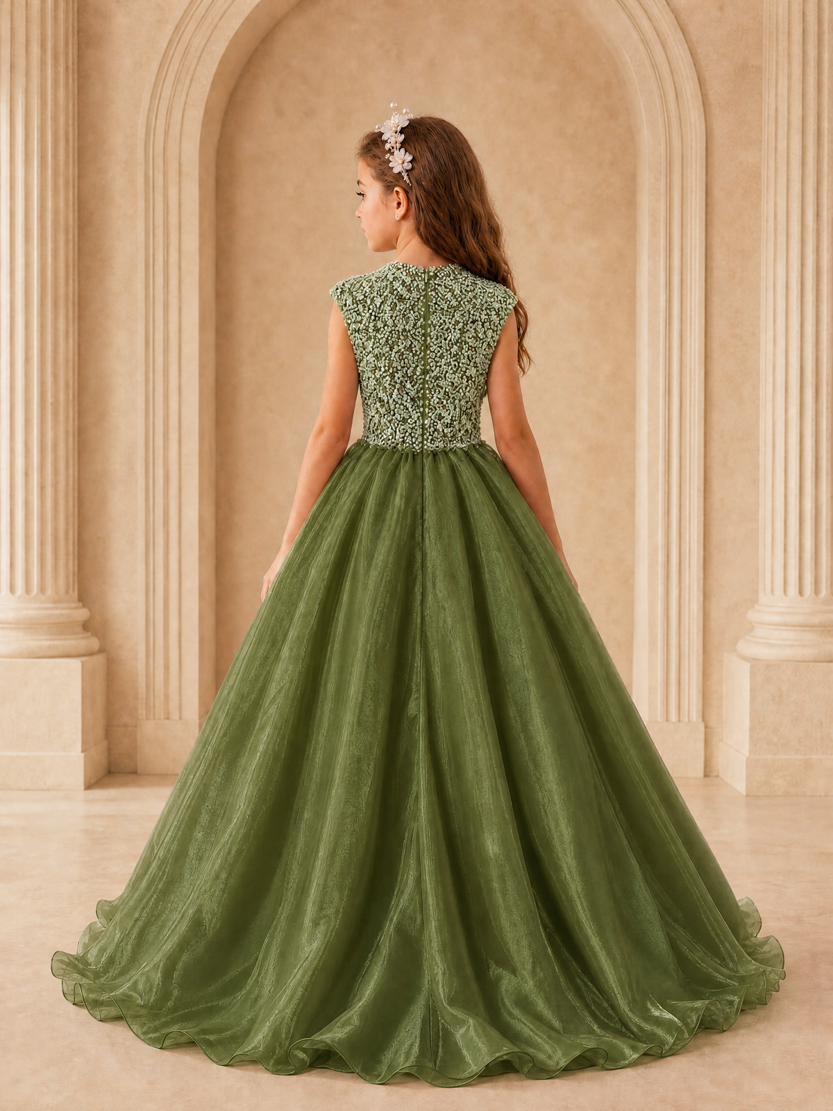 BOLODOO Olive Green Sequin Tulle Flower Girl Dress with Cap Sleeves - Olive Green - Olive Green_2