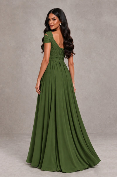 BOLODOO Olive Green Cold Shoulder Chiffon Evening Dress with V Neck and High Slit - Olive Green - Olive Green_2