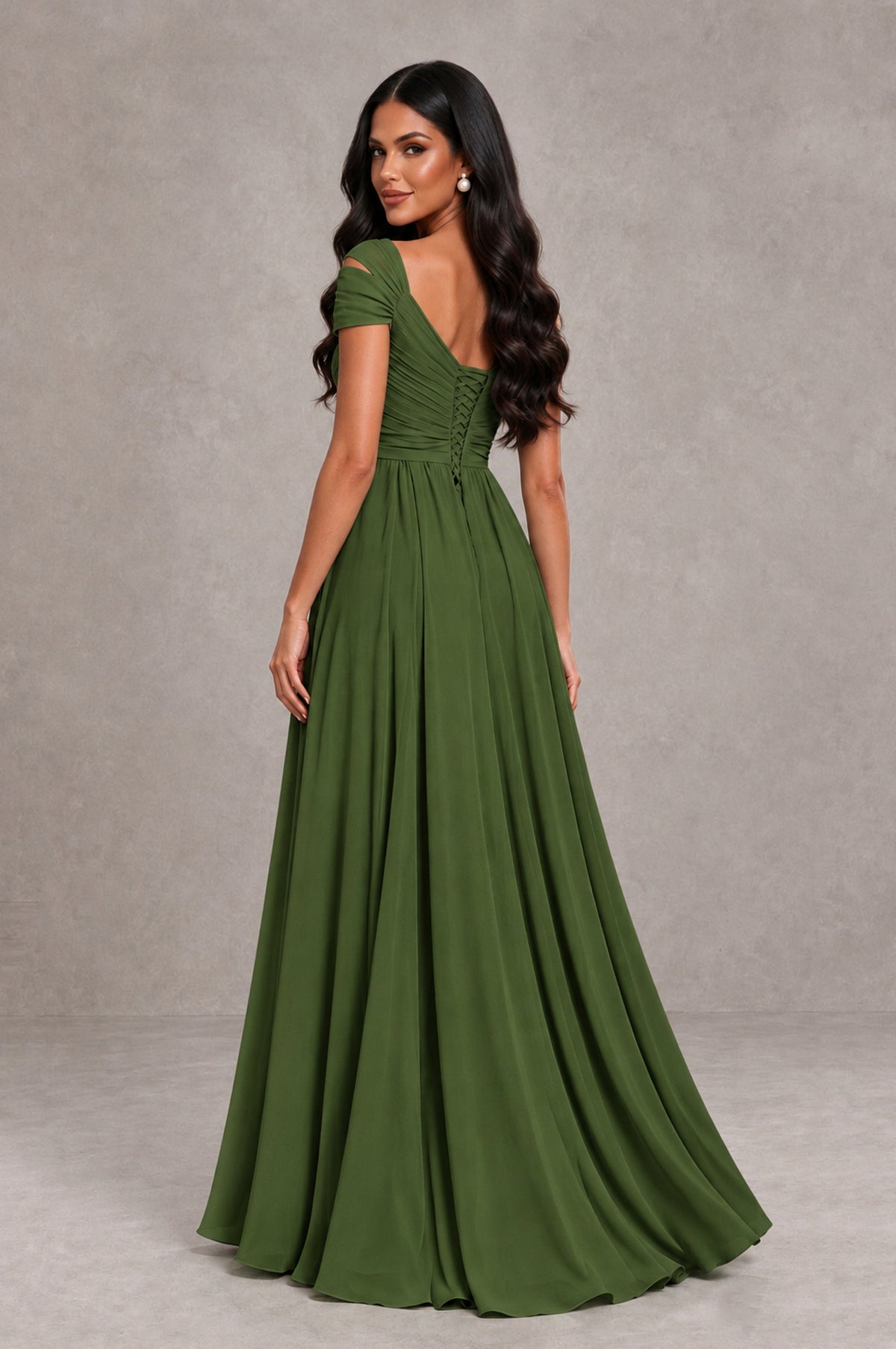 BOLODOO Olive Green Cold Shoulder Chiffon Evening Dress with V Neck and High Slit - Olive Green - Olive Green_2