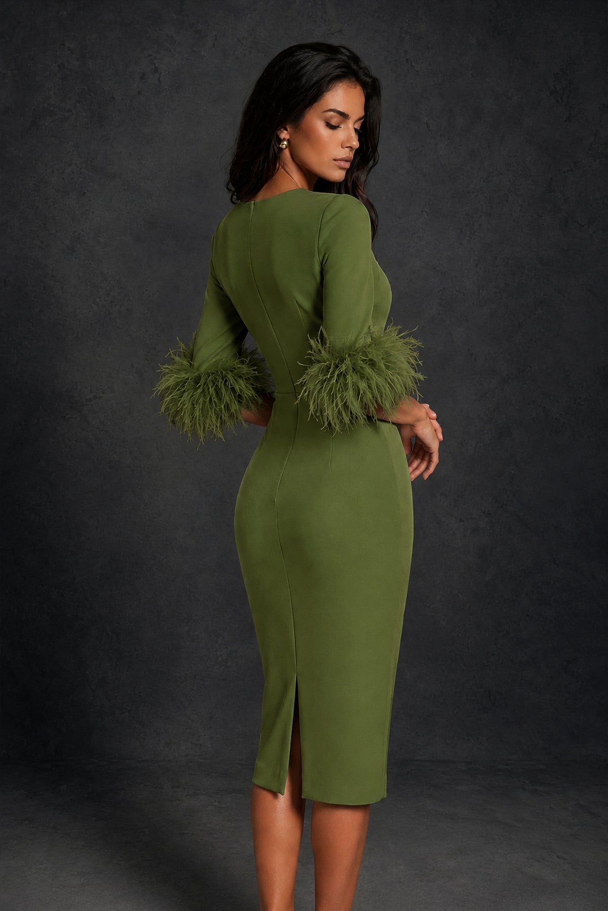 BOLODOO Olive Green Ostrich Feather Cuff 3/4 Sleeve Round Neck Bodycon Midi Dress with Back Slit - Olive Green